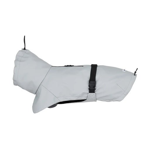 Light grey waterproof dog raincoat with adjustable straps.