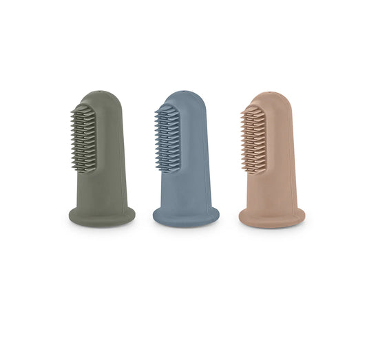 Set of three silicone dog toothbrushes in green, blue, and beige for dental care.