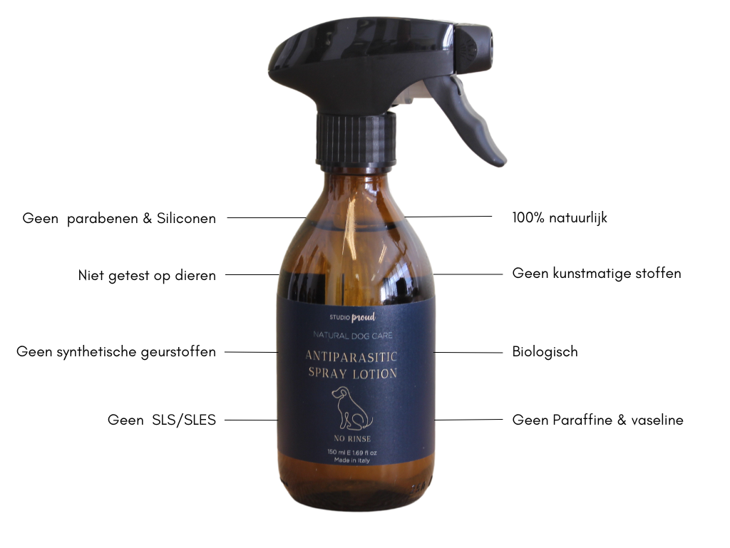 Natuurlijke verzorging voor honden  Antiparasitaire spraylotion.