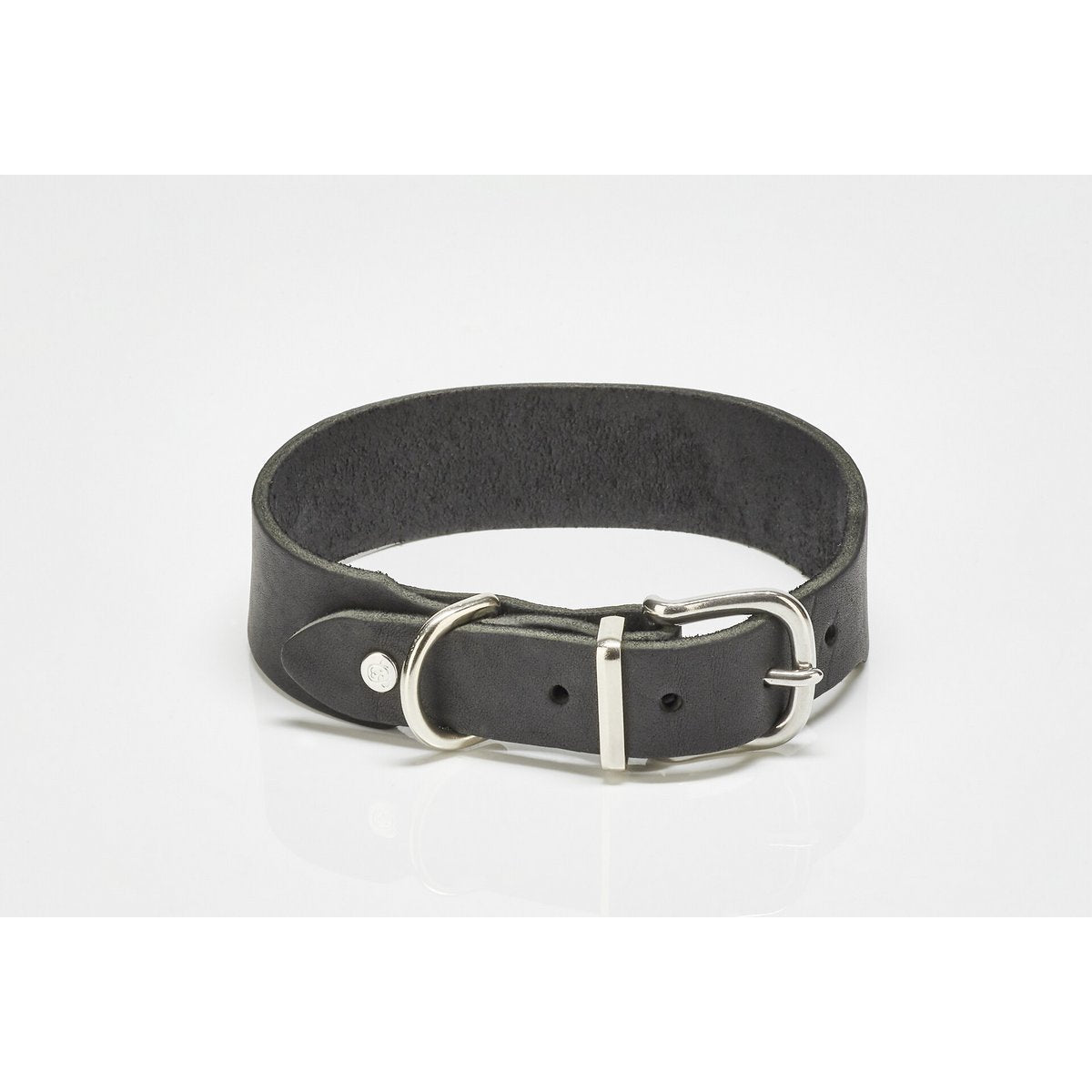 Black leather dog collar from the GIRO collection with metallic buckle.